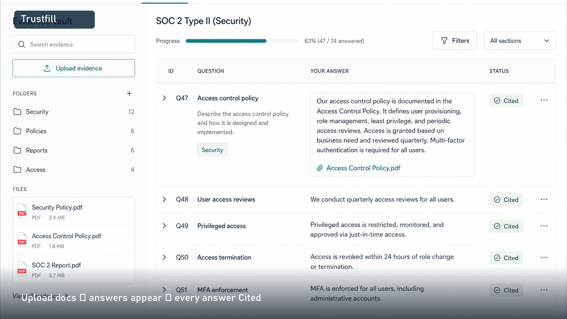 TrustFill answer with Cited badge and evidence citation